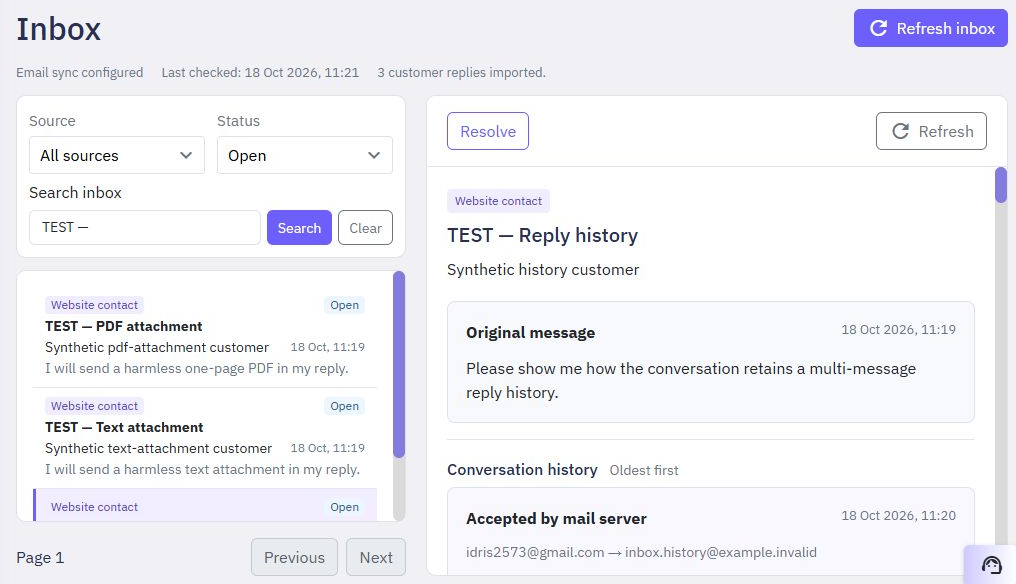Conversation with its saved sender, original message and recorded reply history