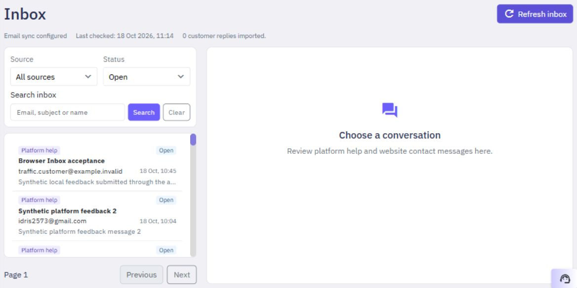 Admin Inbox with source and status filters and conversation pagination