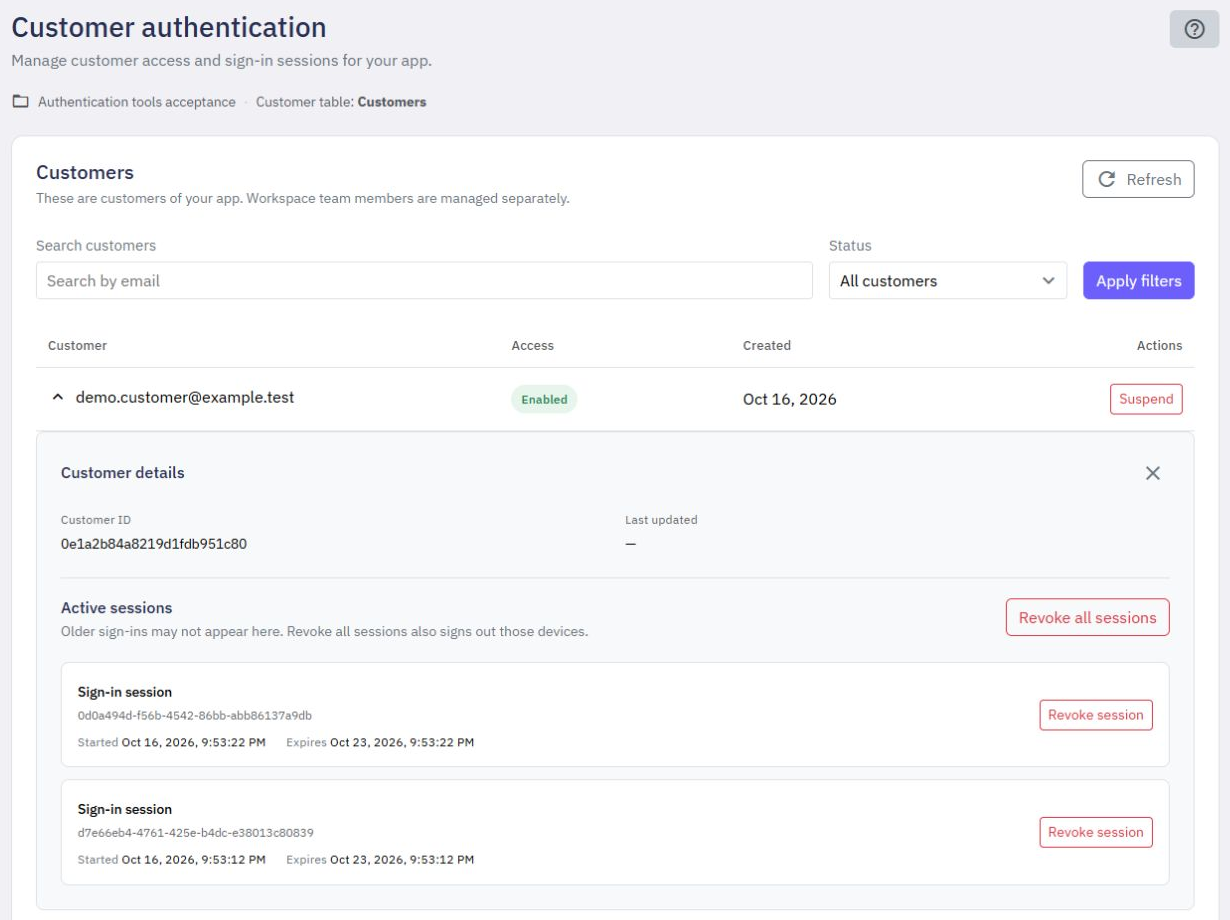 Customer authentication filters and two independent sign-in sessions beneath the customer row