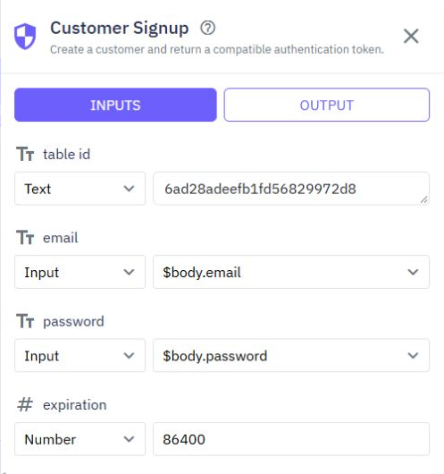 Customer Signup command with the customer table, request email and password references, and token expiration