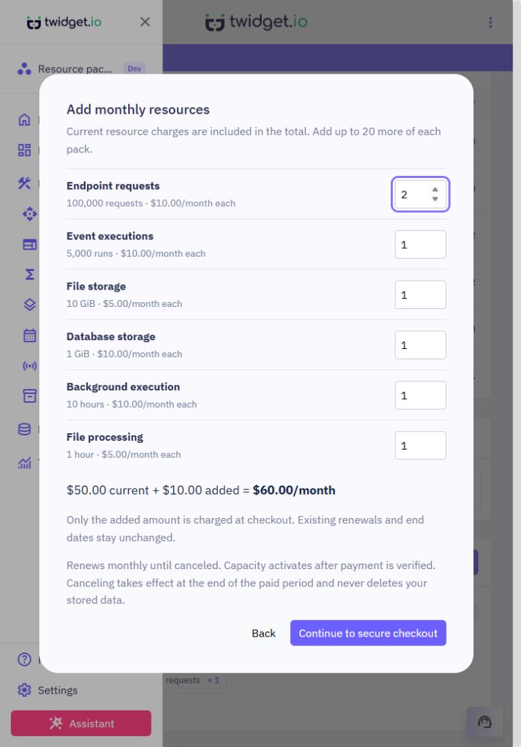 Existing quantities are prefilled, with the current and added monthly amounts shown separately.